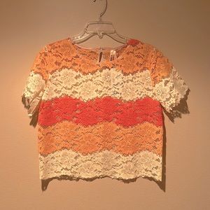 Boohoo orange and white crochet top